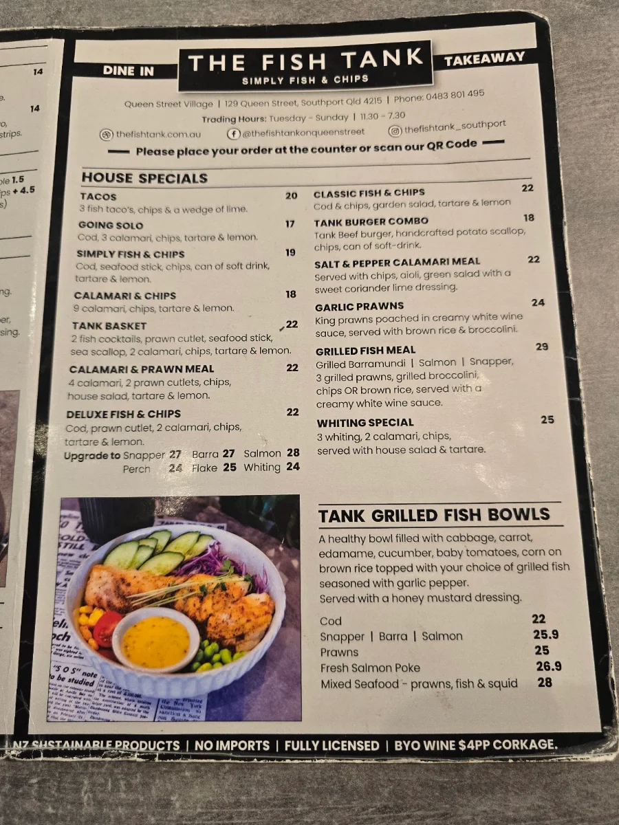Menu, The Fish Tank - Southport Fish & Chips