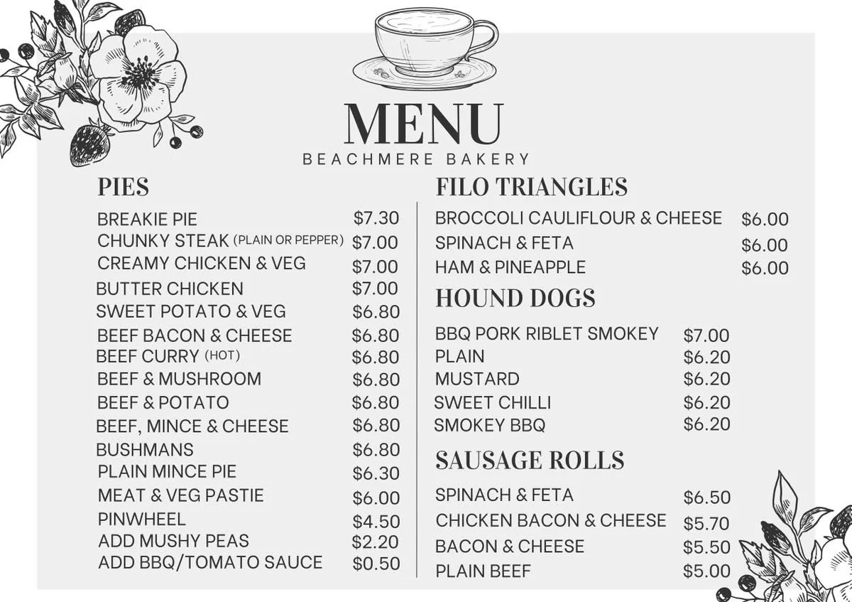 Menu, Beachmere Bakery at Caboolture Square
