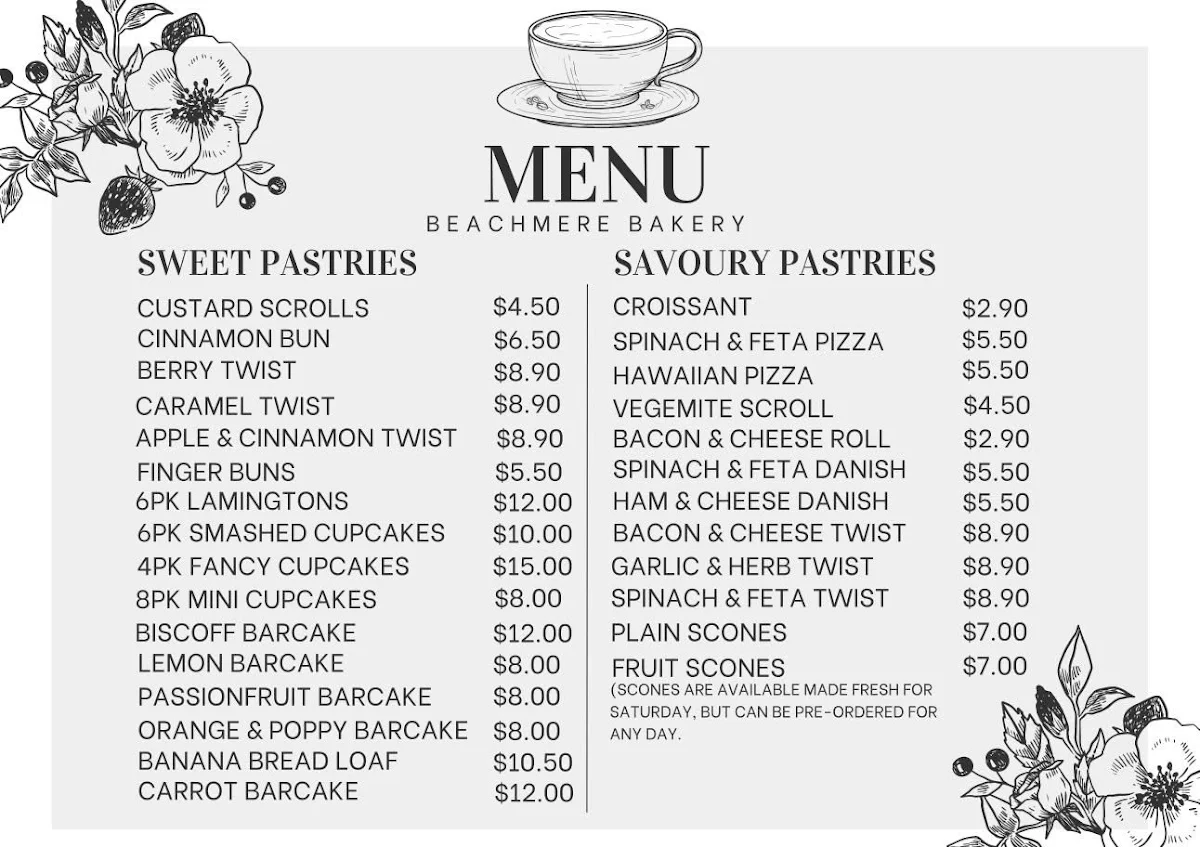 Menu, Beachmere Bakery at Caboolture Square