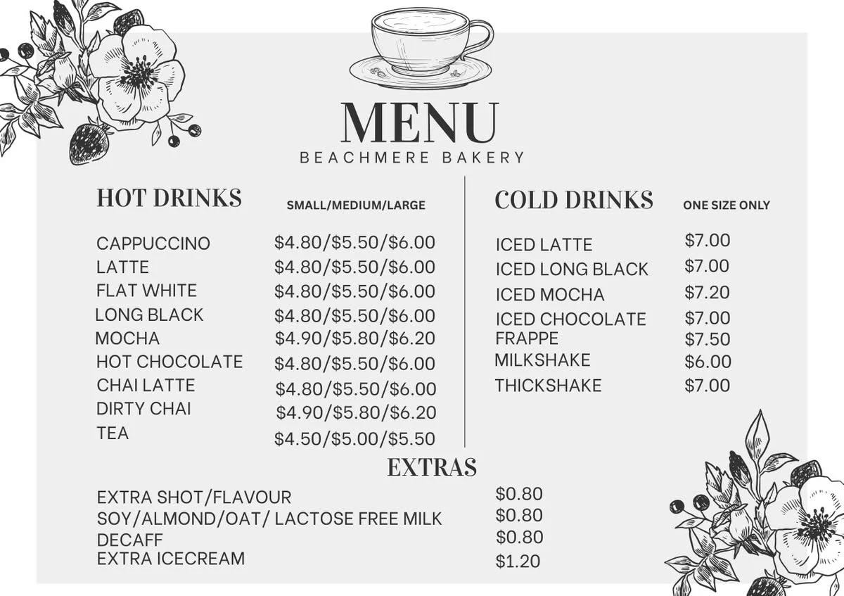 Menu, Beachmere Bakery at Caboolture Square