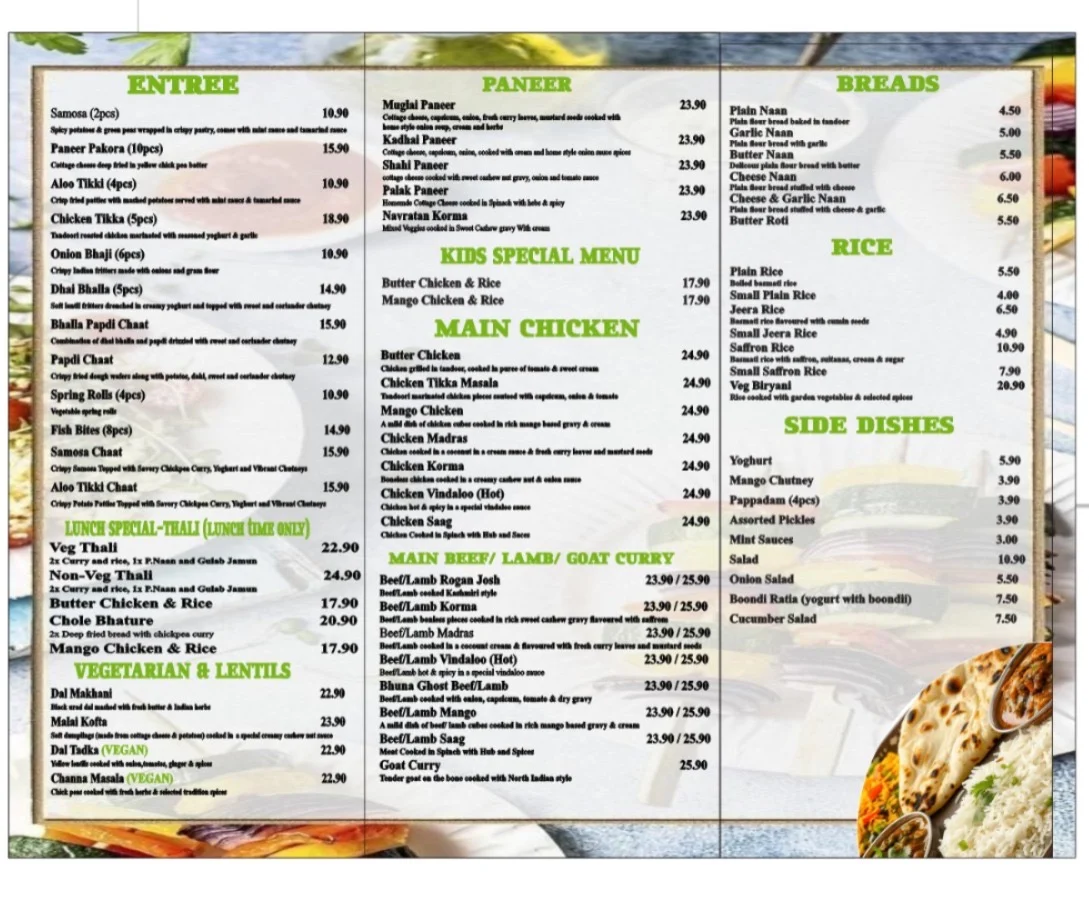 Menu, Cooma Indian Restaurant
