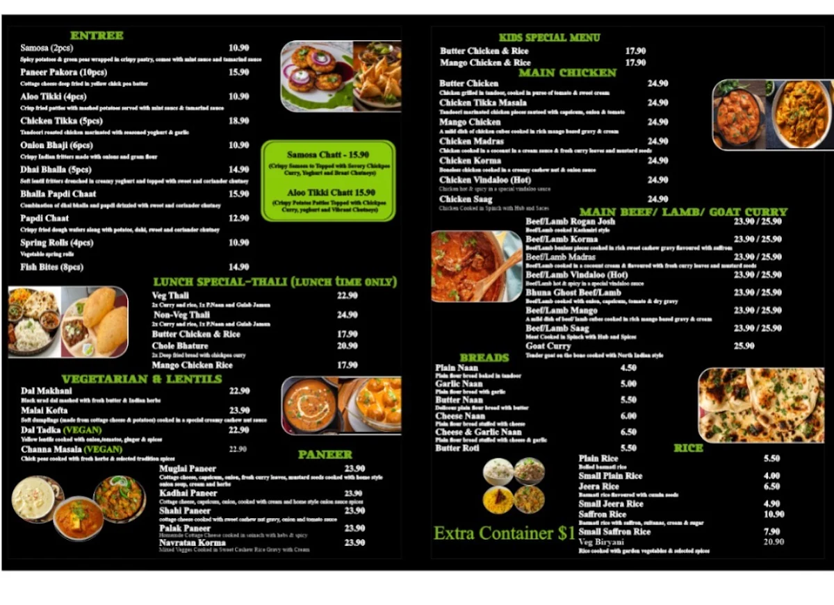 Menu, Cooma Indian Restaurant