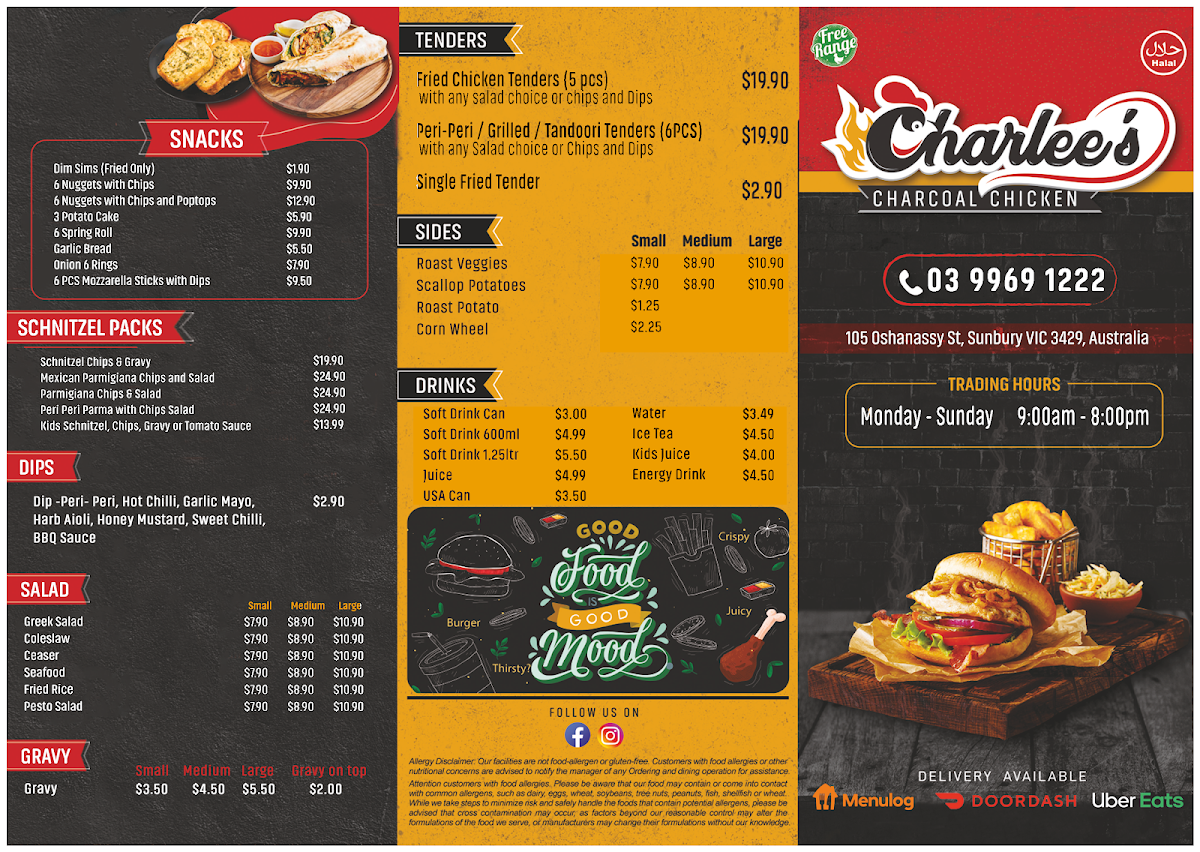 Menu, Charlee's Charcoal Chicken - Sunbury