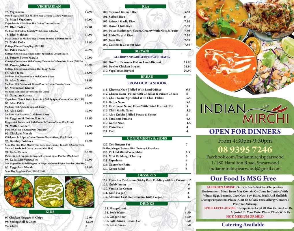 Menu, Indian Mirchi