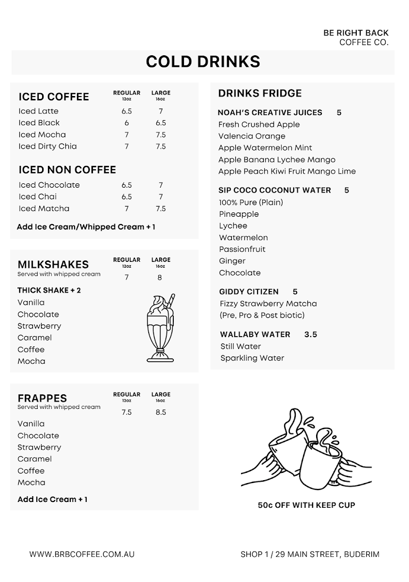 Menu, Be Right Back Coffee Co.