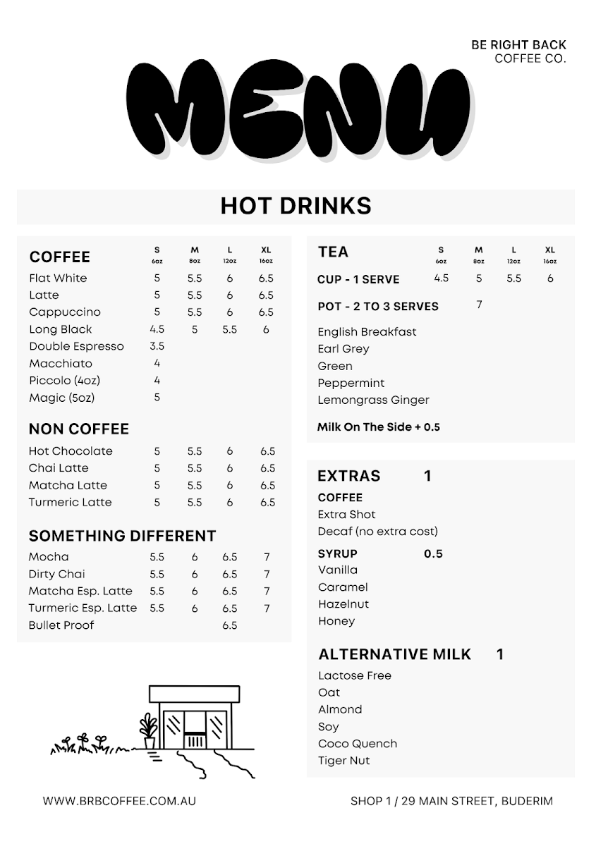 Menu, Be Right Back Coffee Co.