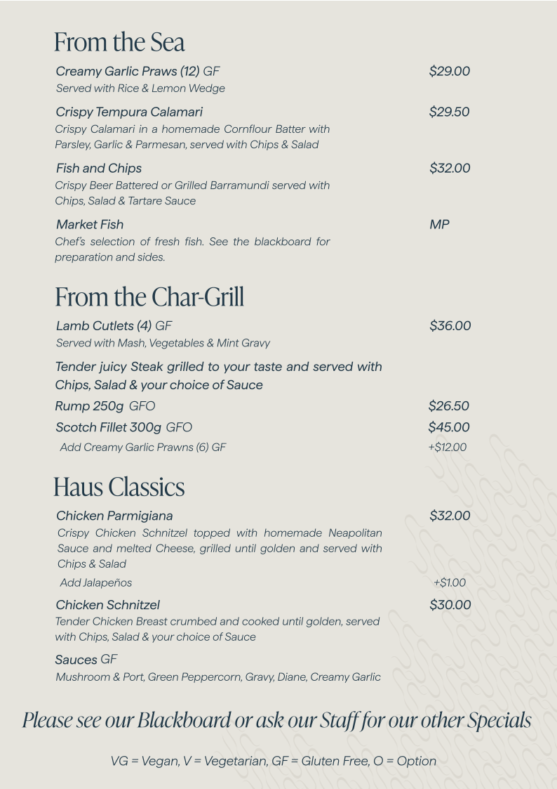 Menu, Seahaus Kalbarri