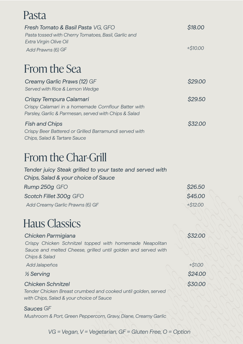 Menu, Seahaus Kalbarri