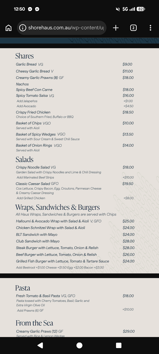 Menu, Seahaus Kalbarri
