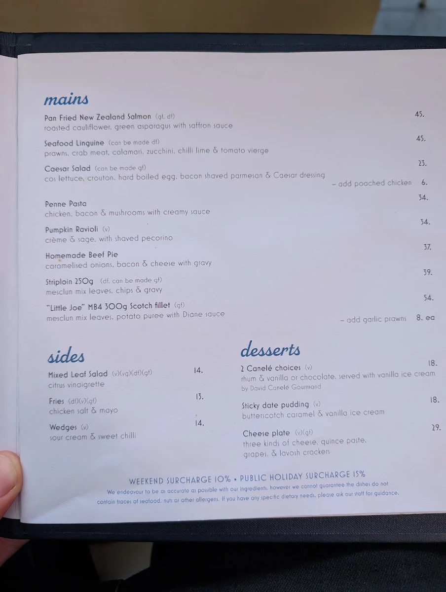 Menu, Harbour View Hotel, The Rocks