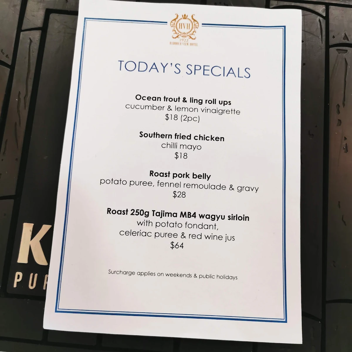 Menu, Harbour View Hotel, The Rocks