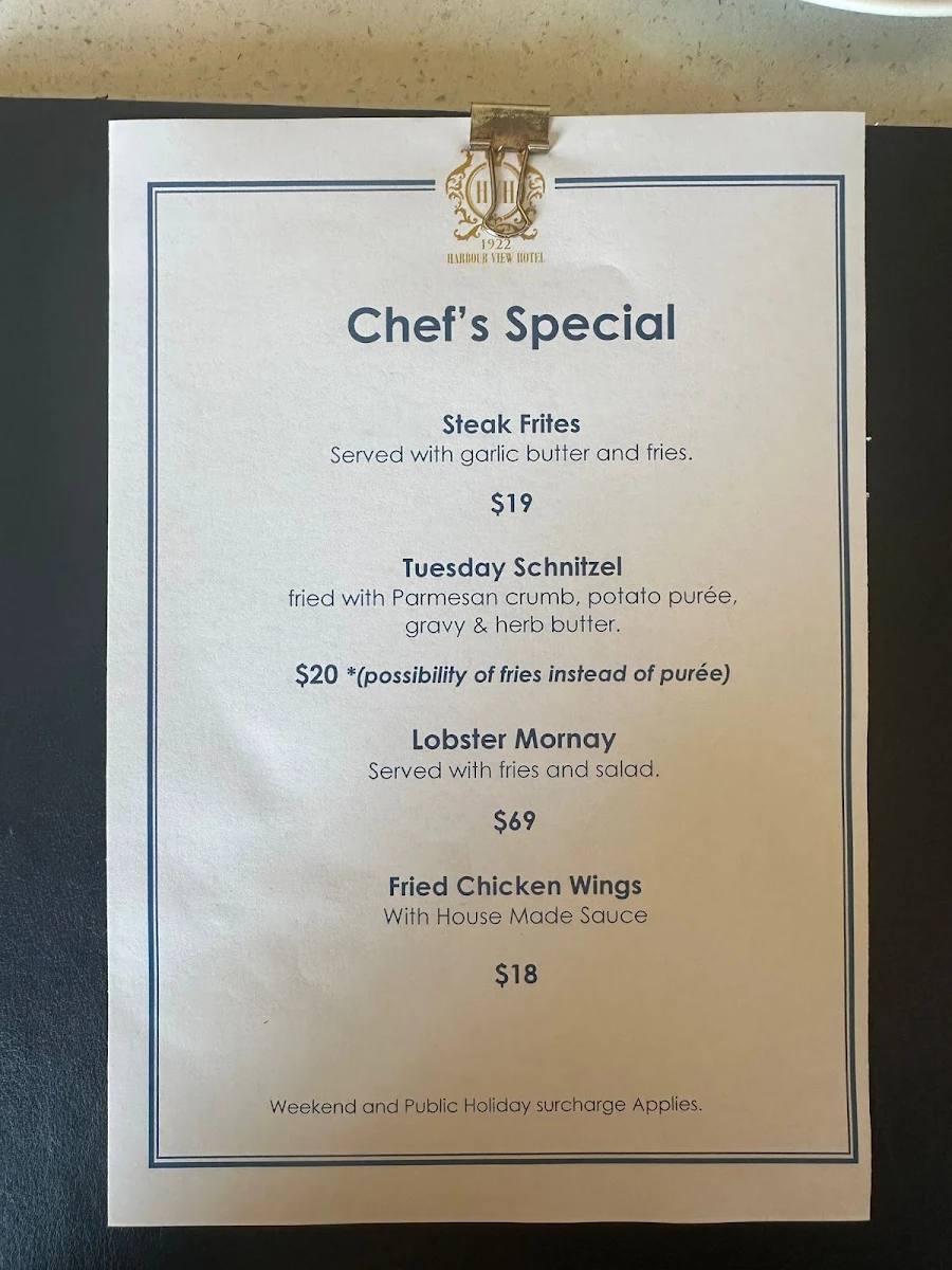 Menu, Harbour View Hotel, The Rocks