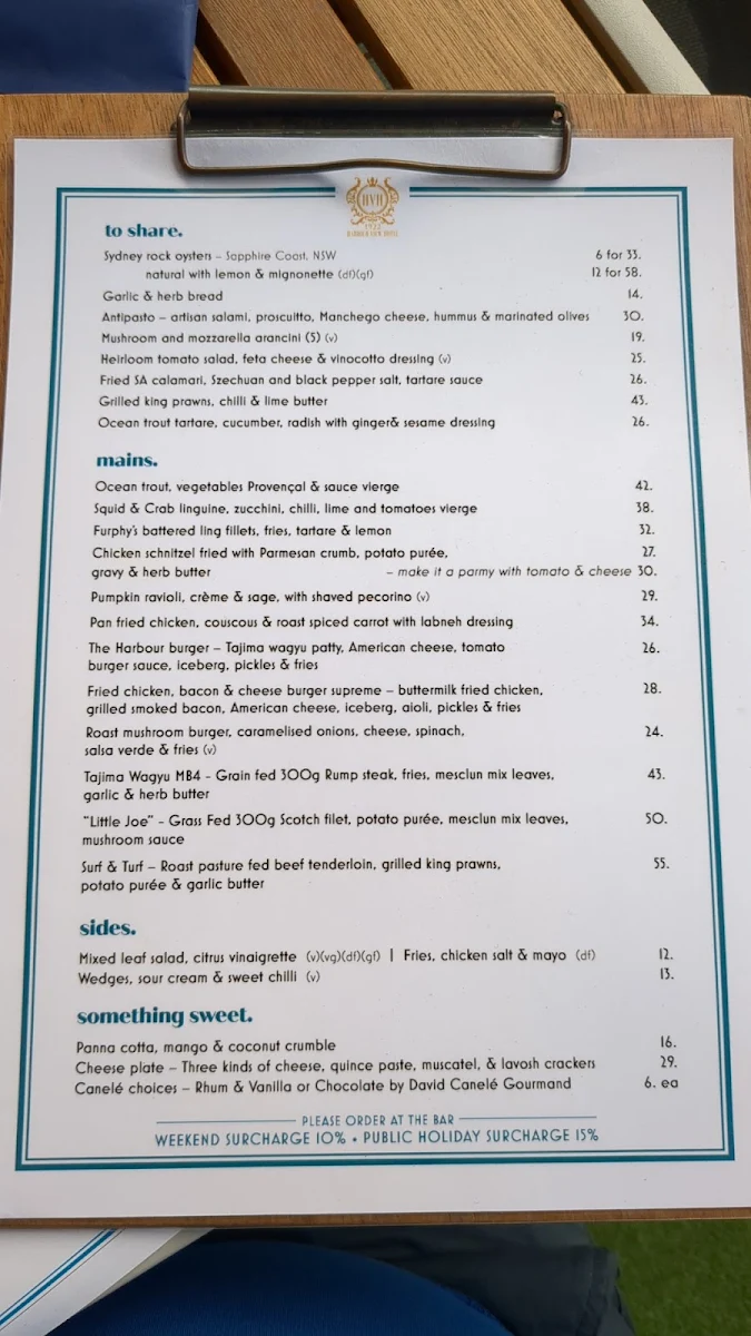 Menu, Harbour View Hotel, The Rocks