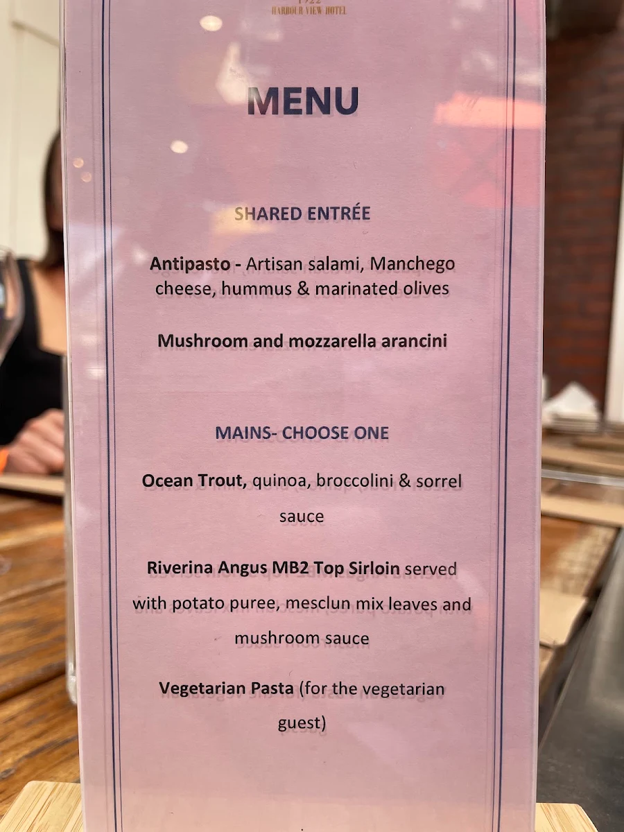 Menu, Harbour View Hotel, The Rocks