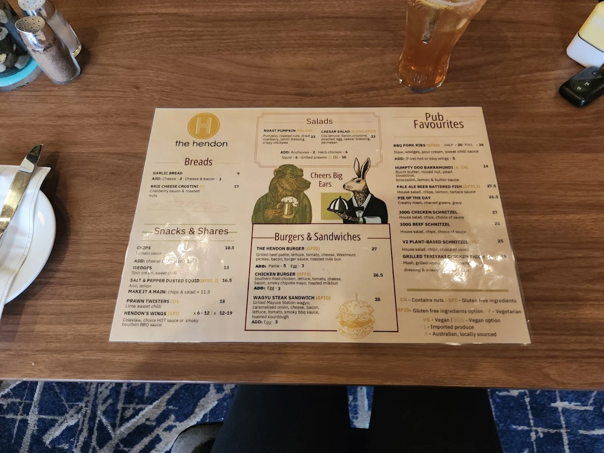 Menu, Hendon Hotel