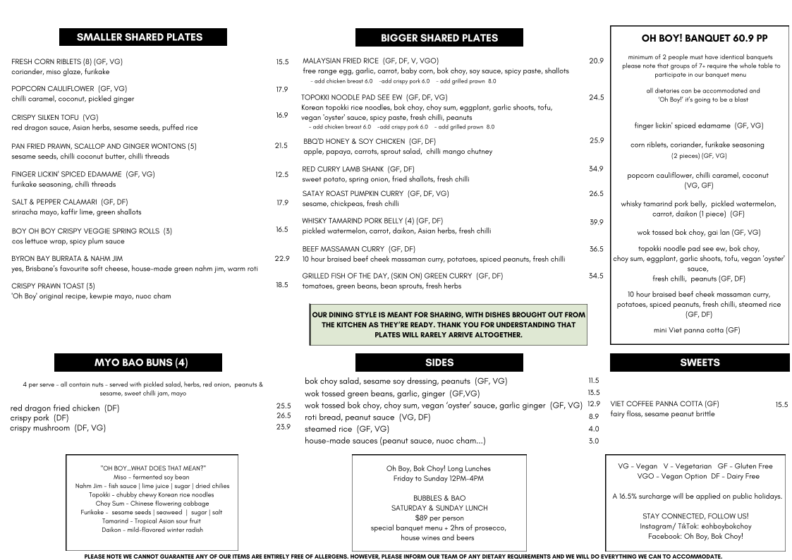 Menu, Oh Boy, Bok Choy! Restaurant & Bar