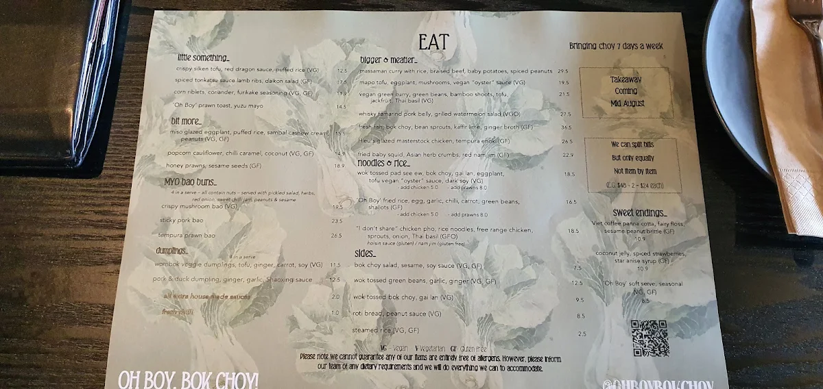 Menu, Oh Boy, Bok Choy! Restaurant & Bar