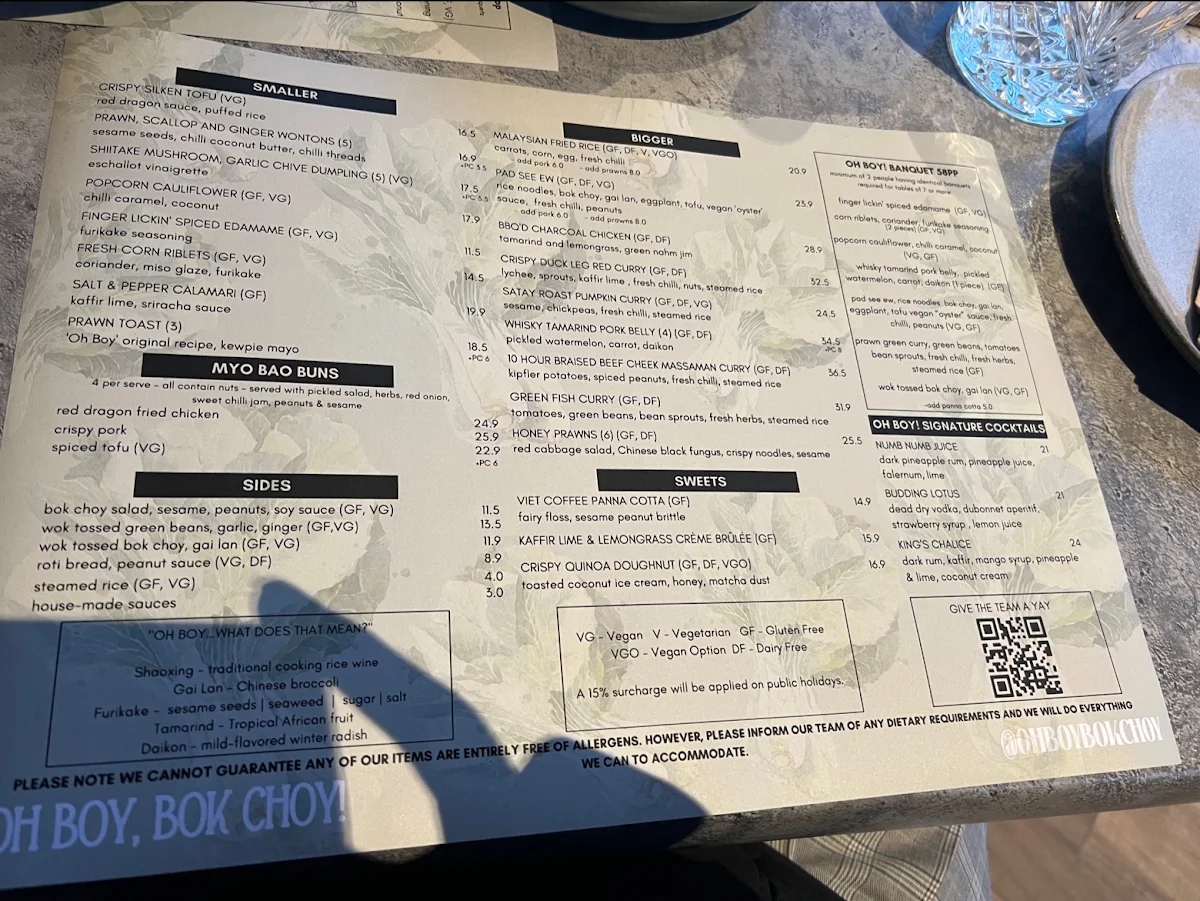 Menu, Oh Boy, Bok Choy! Restaurant & Bar