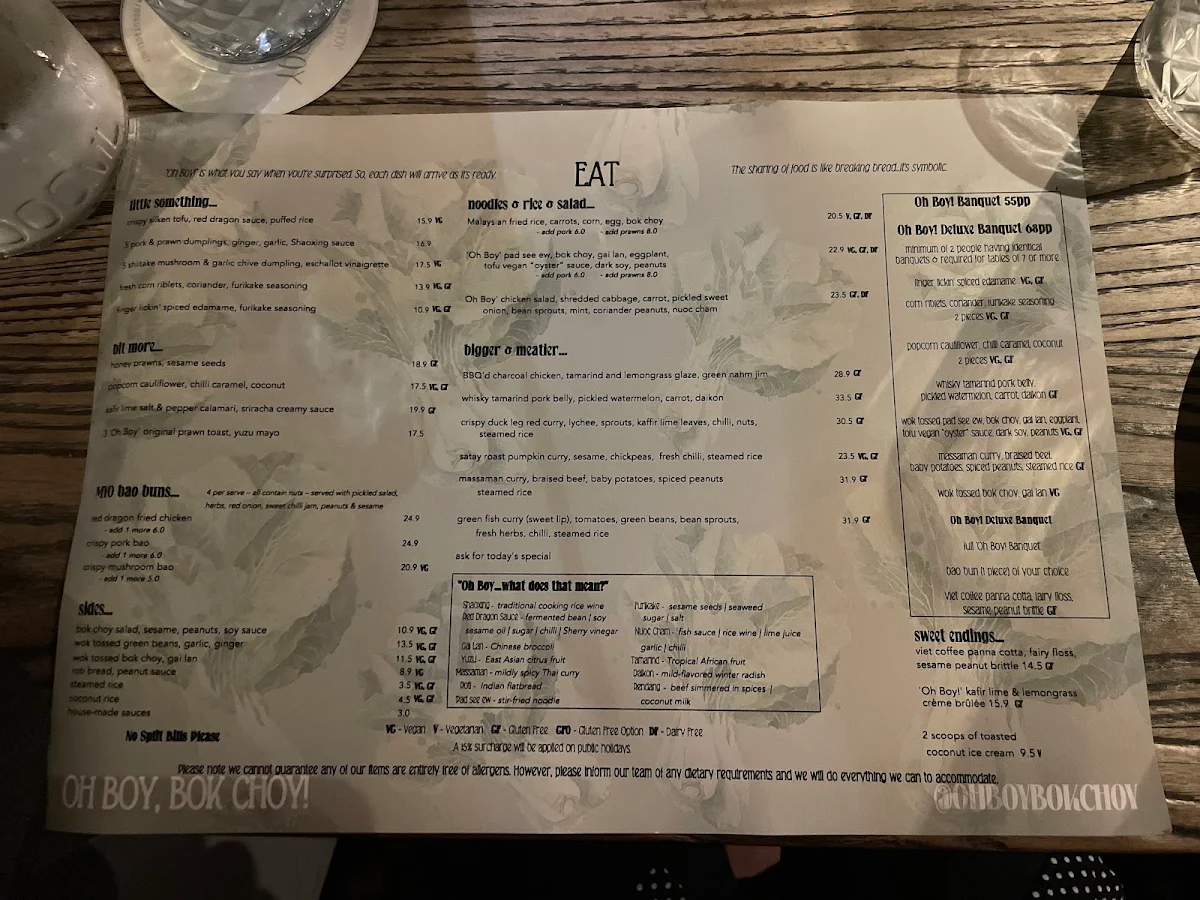 Menu, Oh Boy, Bok Choy! Restaurant & Bar