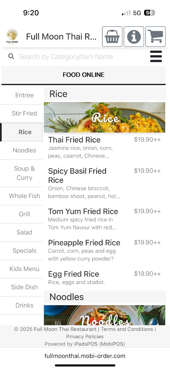 Menu, Fullmoon Thai Erskineville