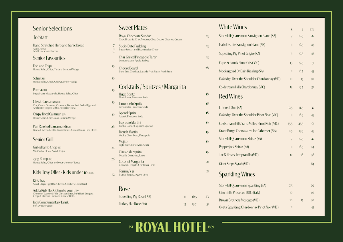 Menu, Royal FTG Hotel