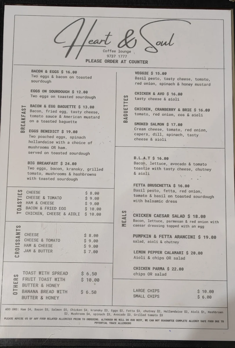 Menu, Heart & Soul Coffee Lounge