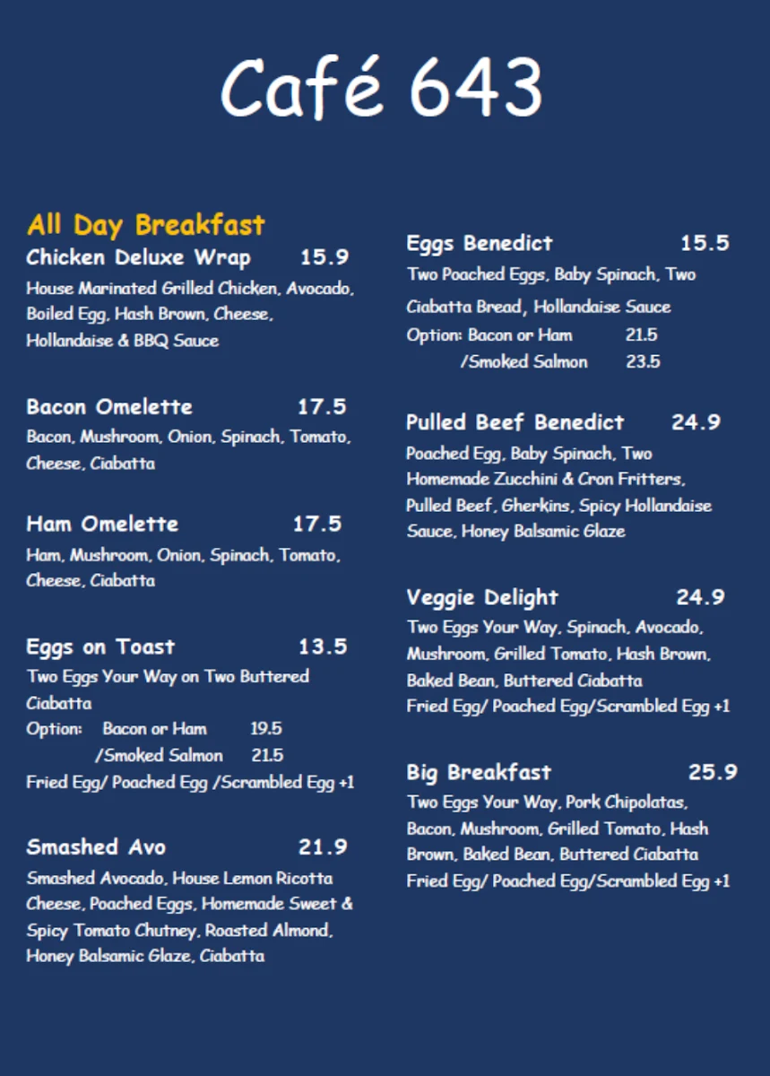 Menu, Café 643 Vic Park
