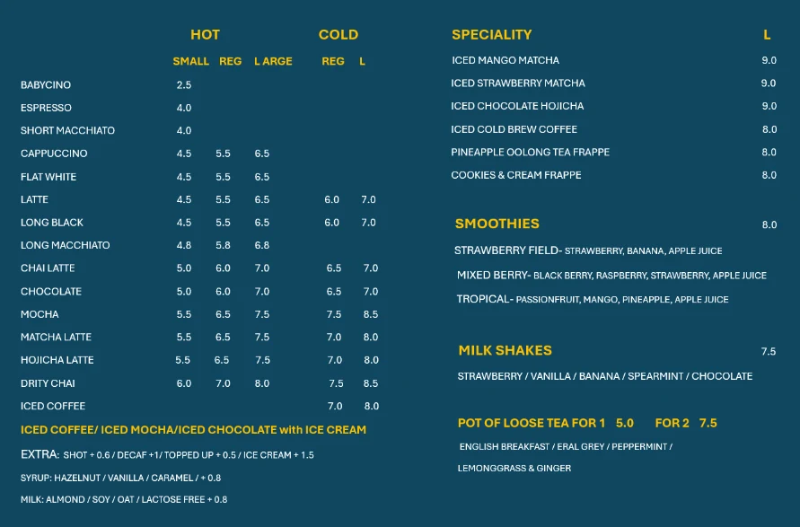 Menu, Café 643 Vic Park