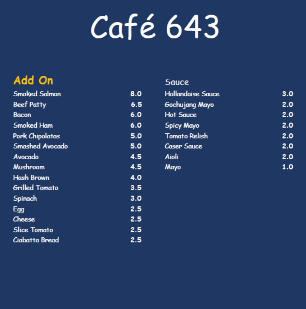 Menu, Café 643 Vic Park