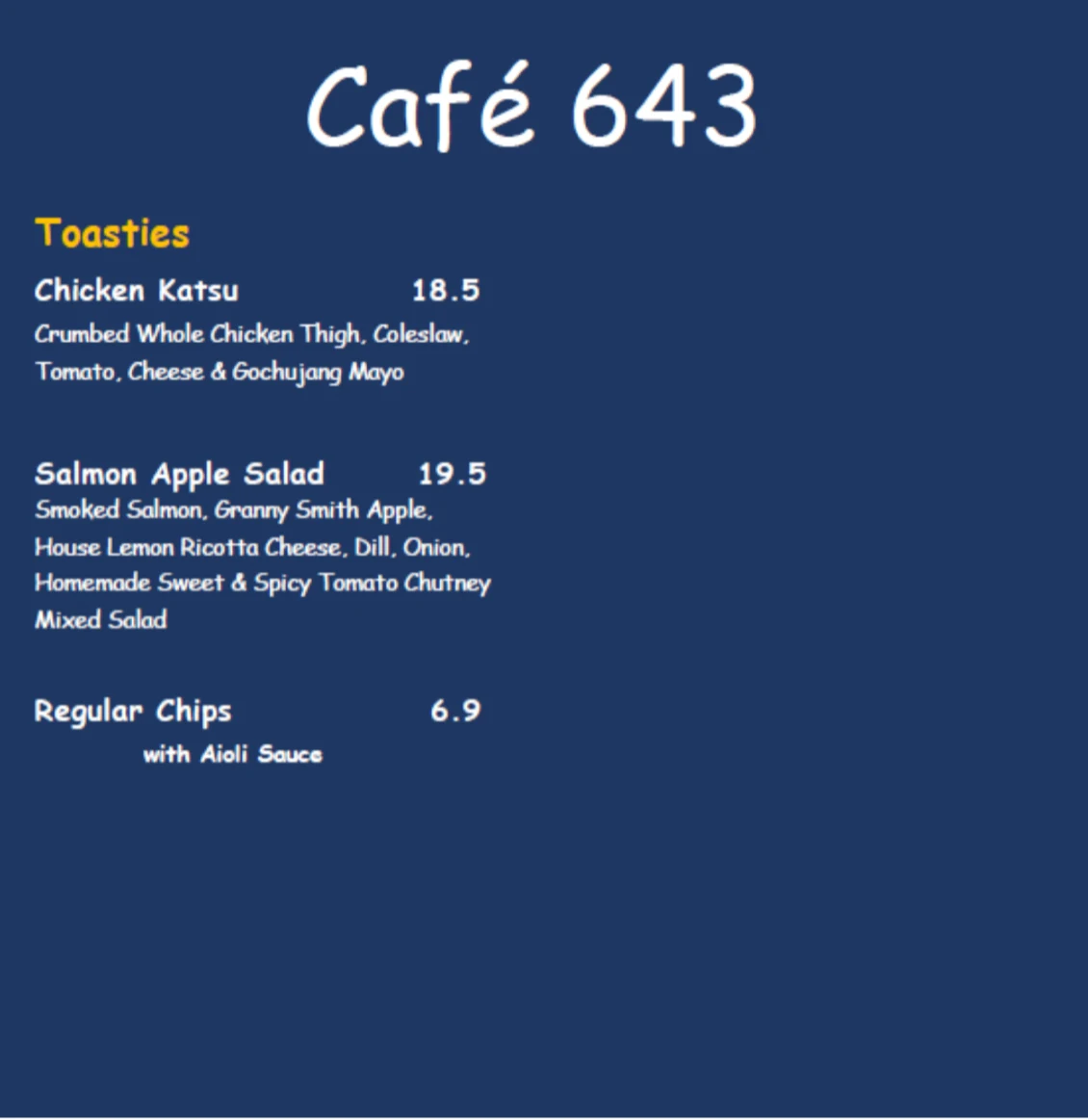 Menu, Café 643 Vic Park
