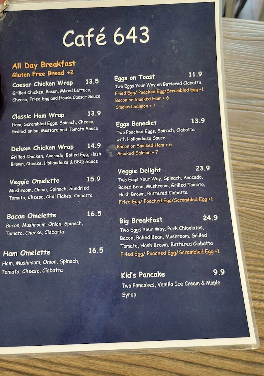 Menu, Café 643 Vic Park