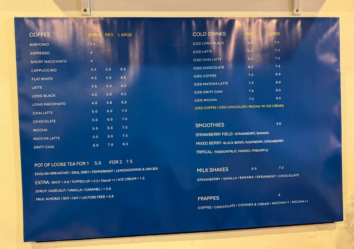 Menu, Café 643 Vic Park