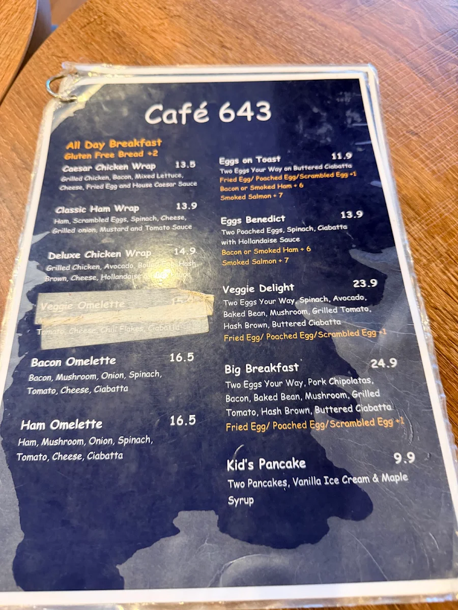 Menu, Café 643 Vic Park