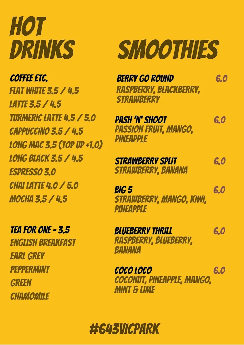 Menu, Café 643 Vic Park