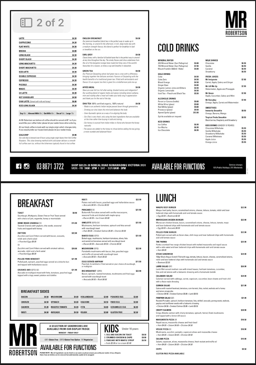 Menu, Mr Robertson Cafe