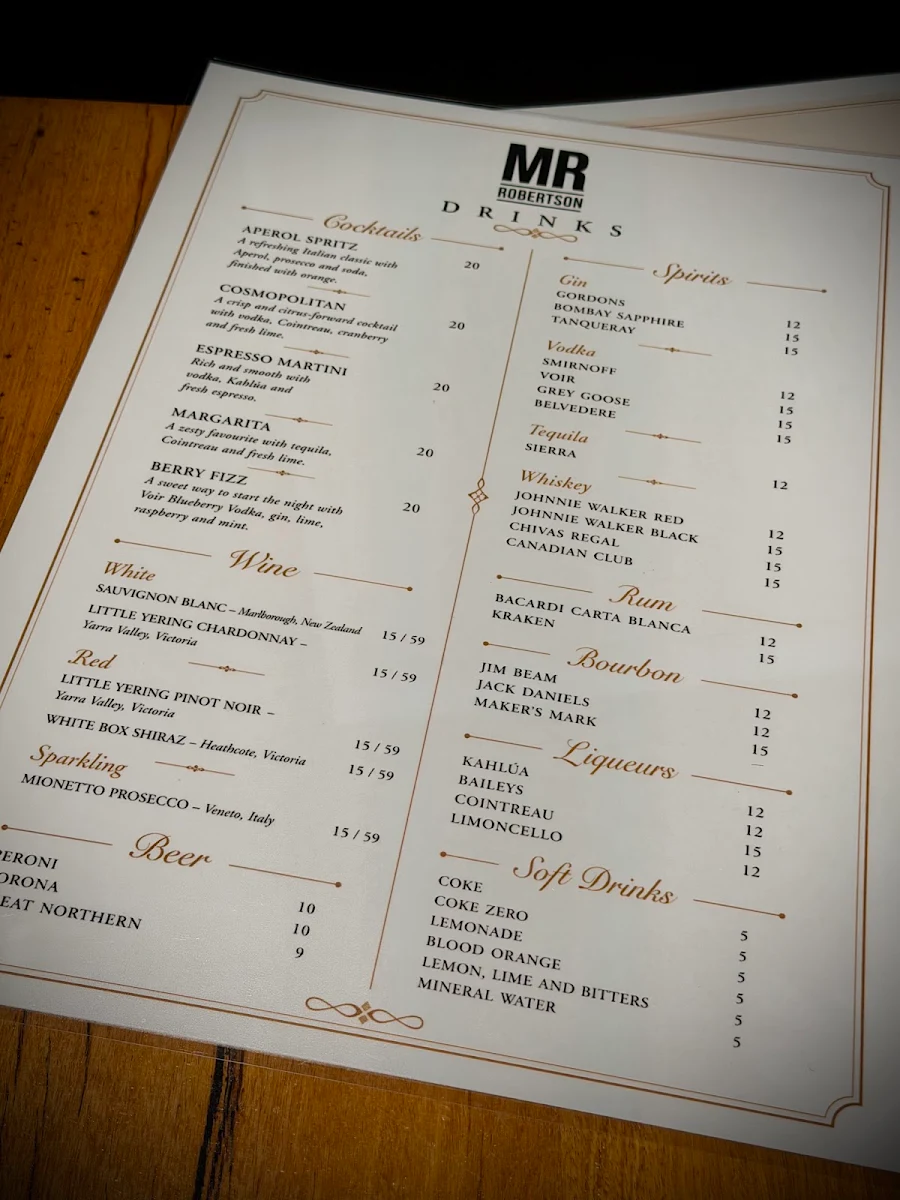 Menu, Mr Robertson Cafe