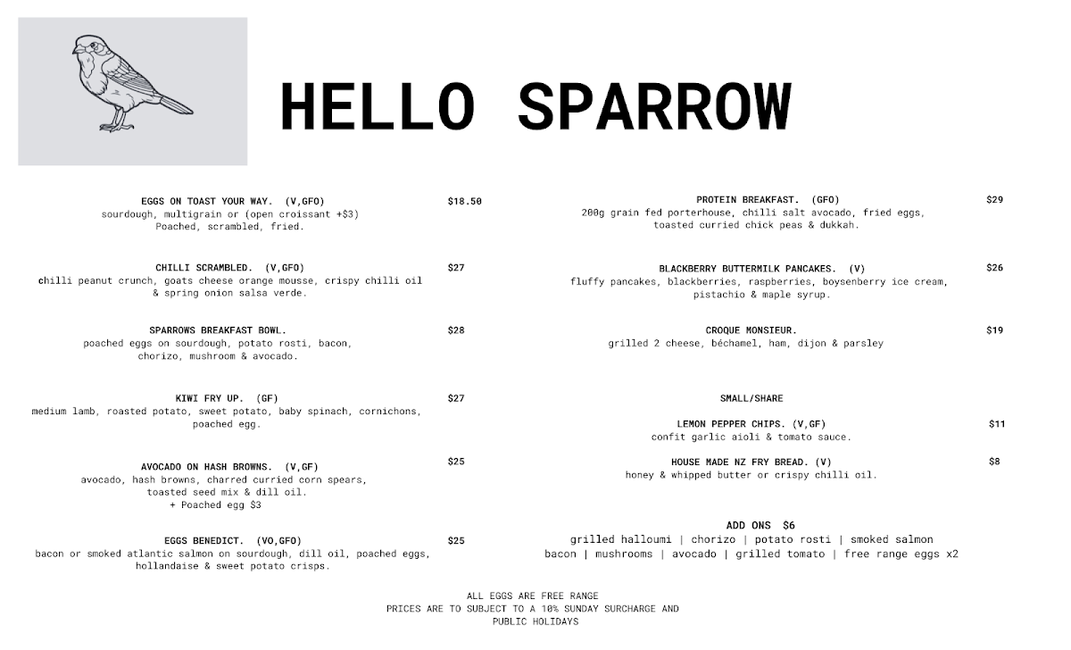 Menu, Hello Sparrow Cafe