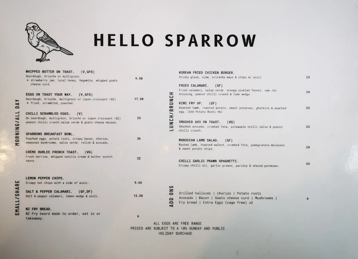 Menu, Hello Sparrow Cafe