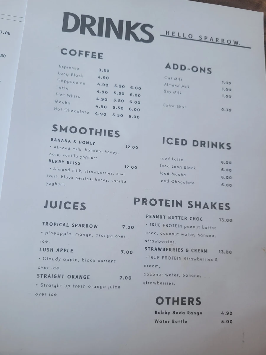 Menu, Hello Sparrow Cafe