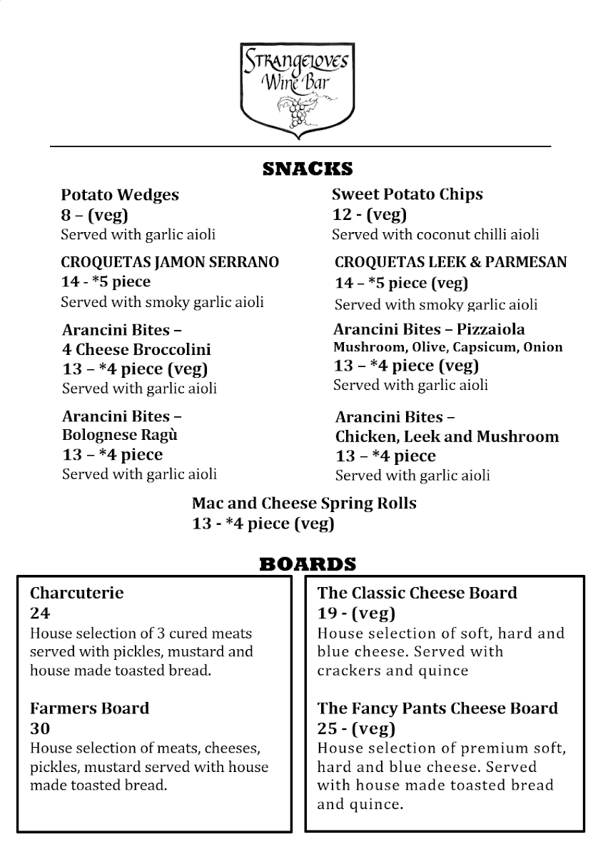 Menu, Strangeloves Wine Bar