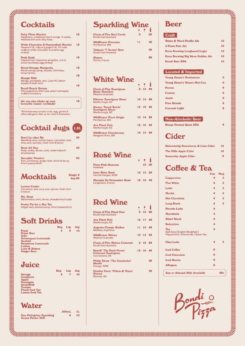 Menu, Bondi Pizza