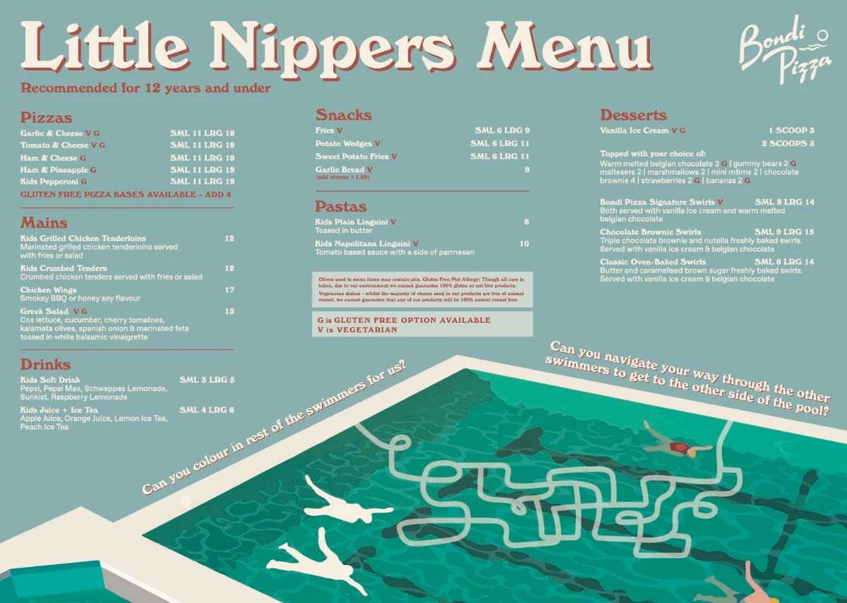 Menu, Bondi Pizza