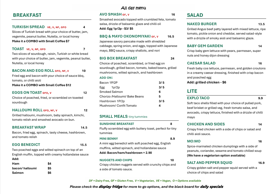 Menu, The Explo