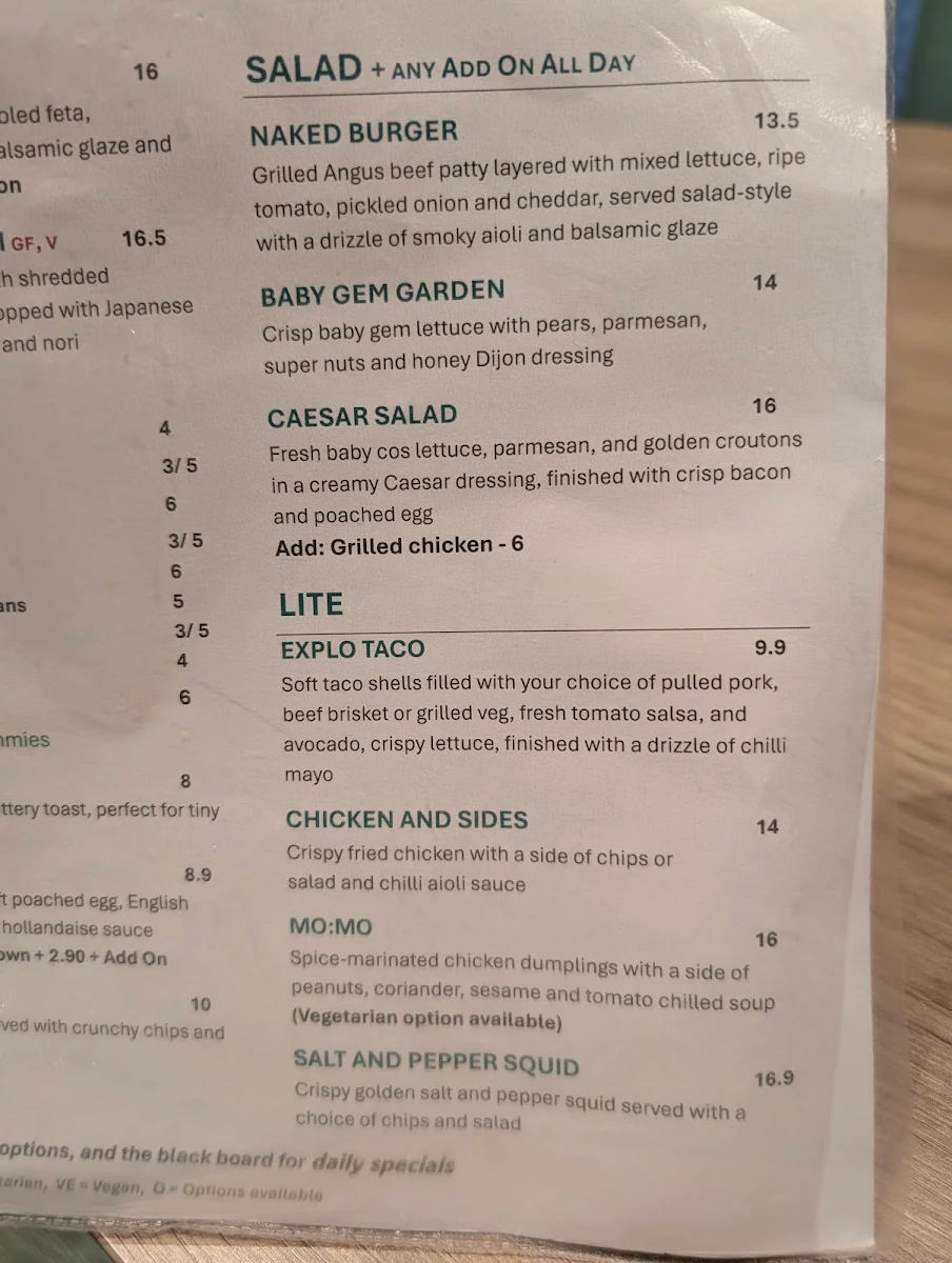 Menu, The Explo