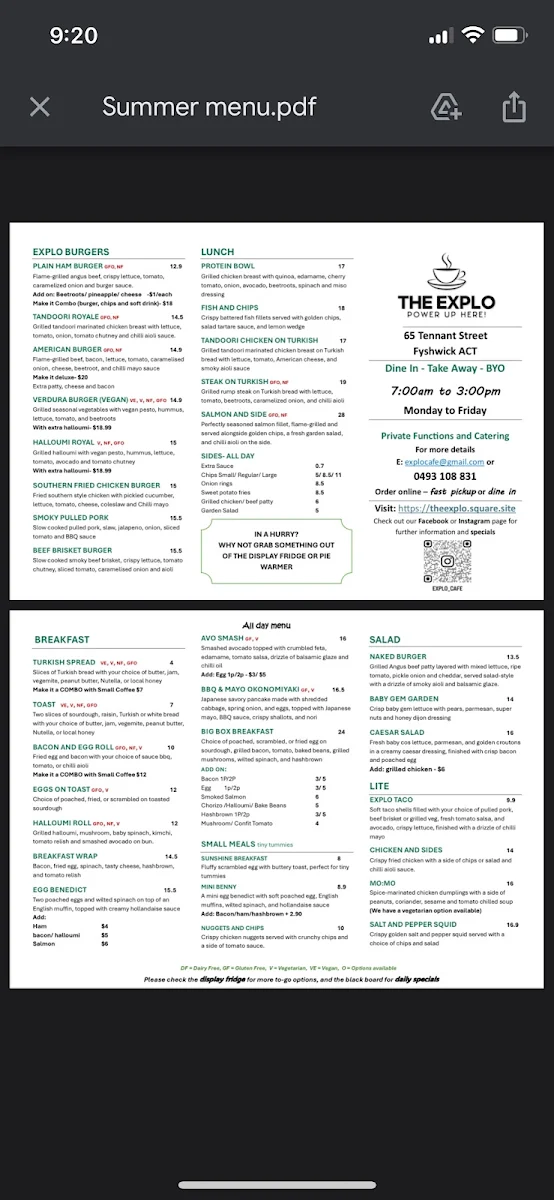 Menu, The Explo