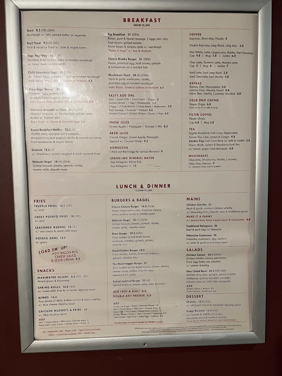 Menu, Brew Cafe & Wine Bar