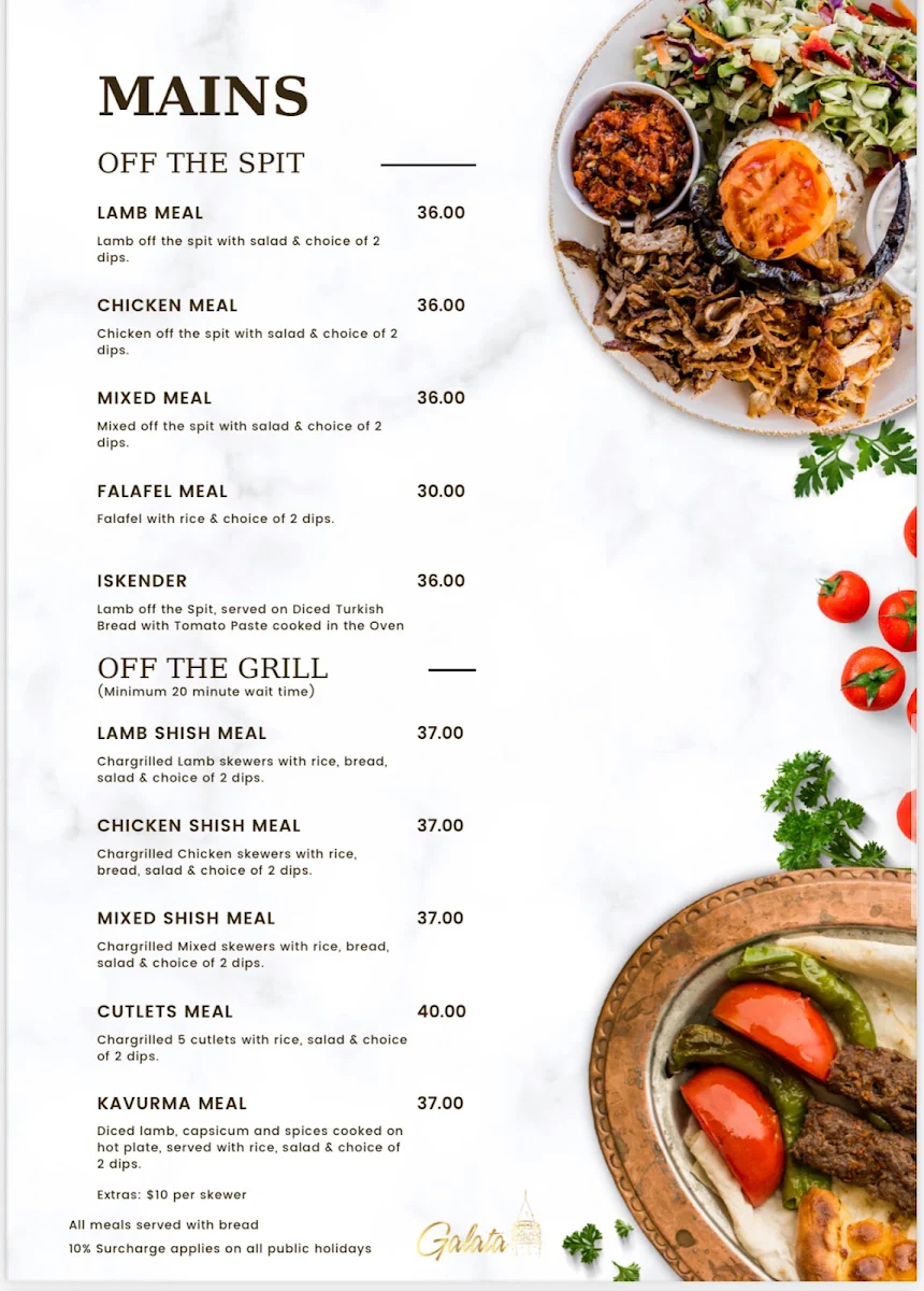Menu, Galata Kebab & Grill