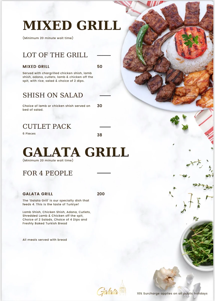 Menu, Galata Kebab & Grill