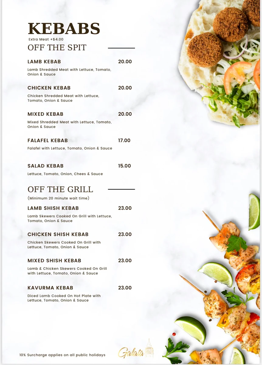 Menu, Galata Kebab & Grill