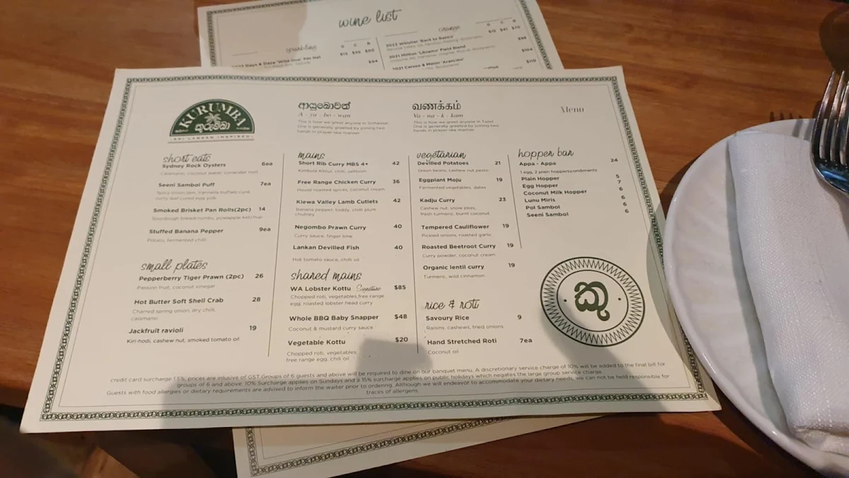Menu, Kurumba Restaurant & Bar Surry Hills